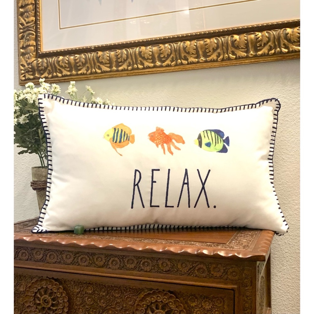 🐠 VHTF | RAE DUNN *RELAX* OCEAN THEMED LONG THROW PILLOW WITH DECORATIVE STITCH